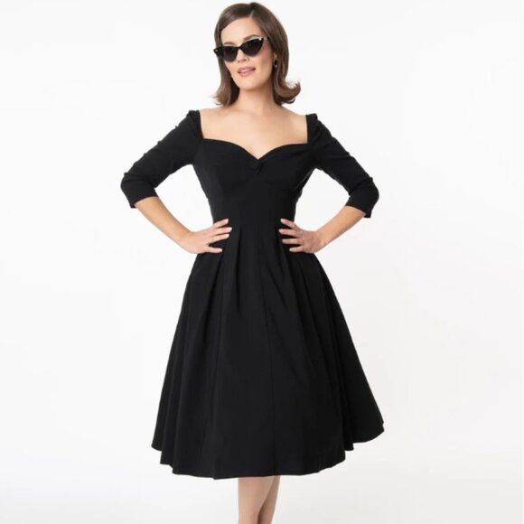 Unique Vintage 1950s Style Black Bengaline Sweetheart Lamar Swing Dress - XL/14 - Picture 1 of 1